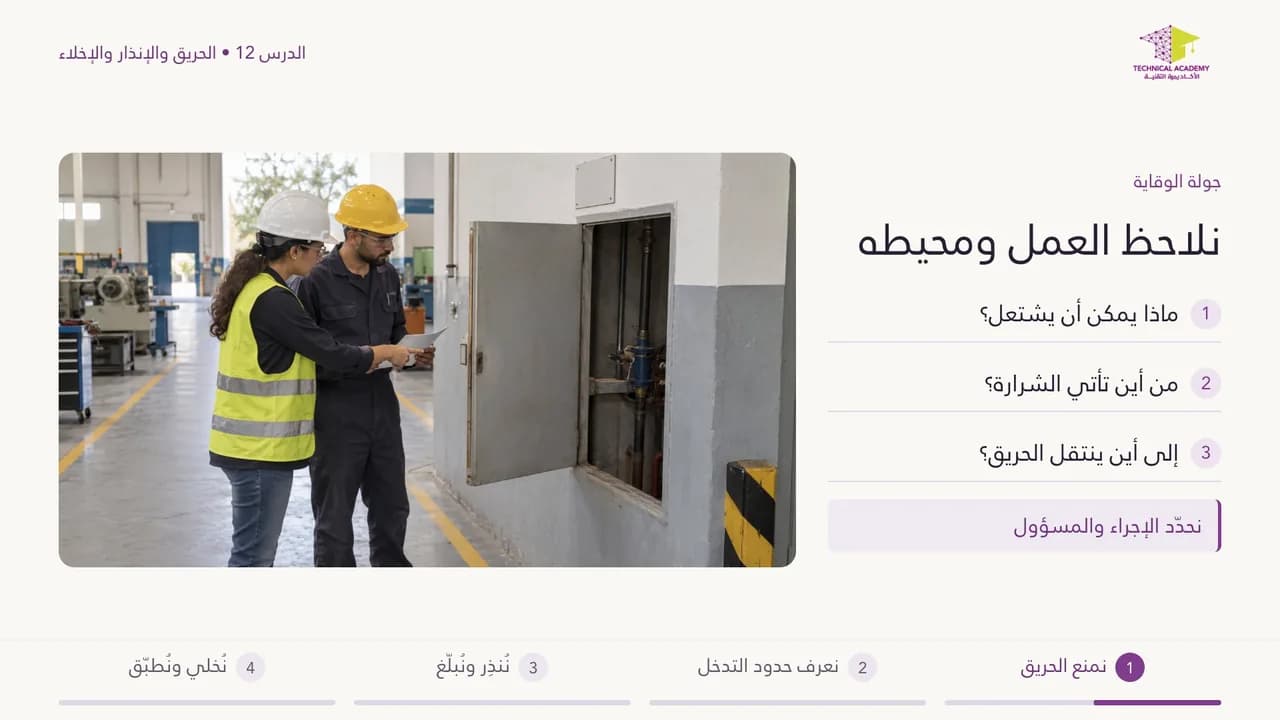 لقطة من درس الوقاية من الحريق فتكوين HSE أونلاين: صورة من موقع عمل ونقاط الدرس